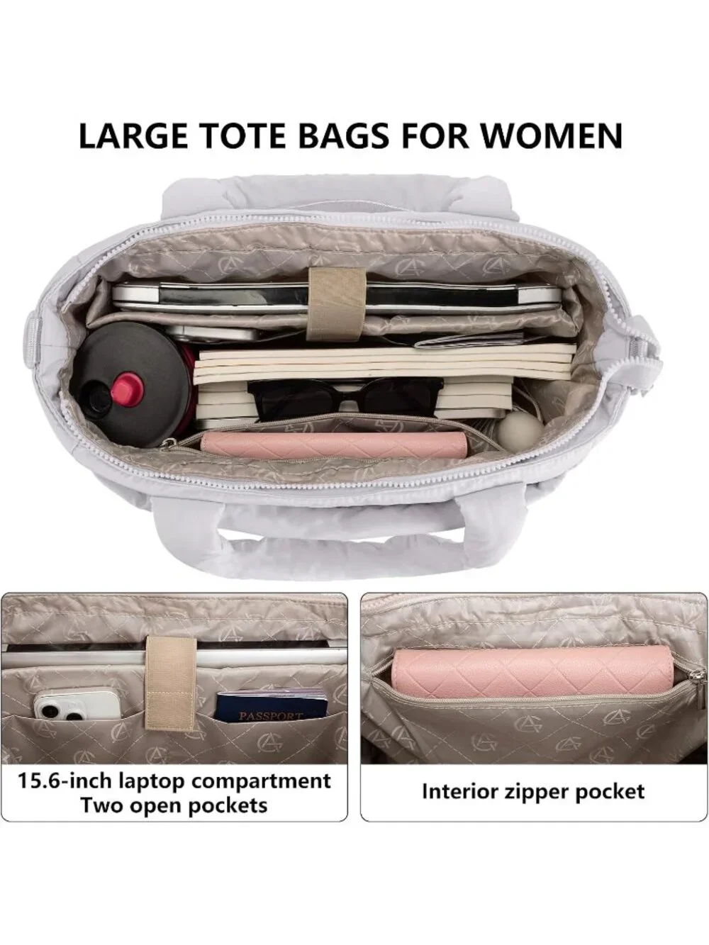 👜Women's Light Gray Quilted Puffer Tote Bag Lightweight Work For Travel Handbag